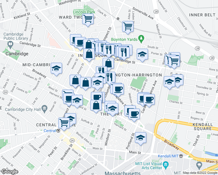 map of restaurants, bars, coffee shops, grocery stores, and more near Hampshire St & Columbia St in Mid-Cambridge