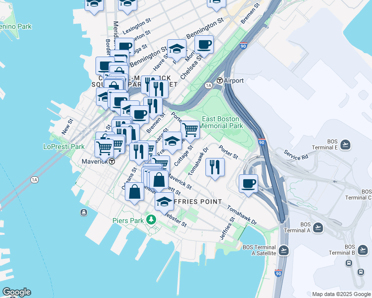 map of restaurants, bars, coffee shops, grocery stores, and more near 194 Cottage Street in Boston