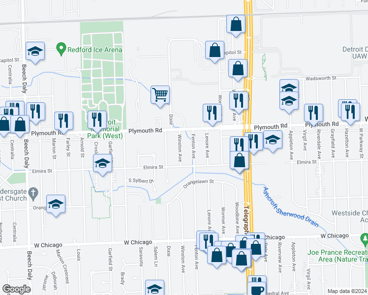 map of restaurants, bars, coffee shops, grocery stores, and more near 11388 Winston in Redford Charter Township