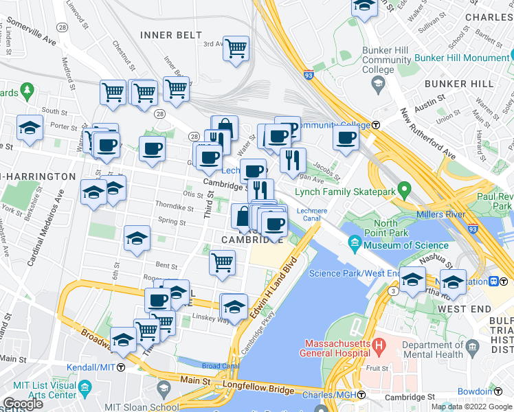 map of restaurants, bars, coffee shops, grocery stores, and more near First Street in Cambridge