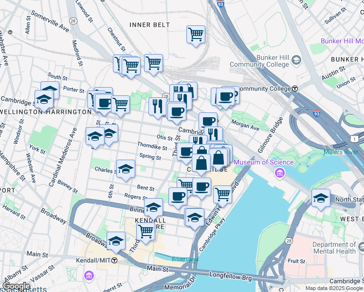 map of restaurants, bars, coffee shops, grocery stores, and more near 208 Cambridge Street in Cambridge