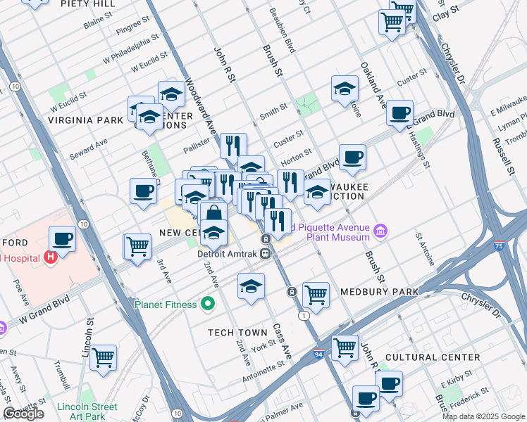 map of restaurants, bars, coffee shops, grocery stores, and more near in Detroit