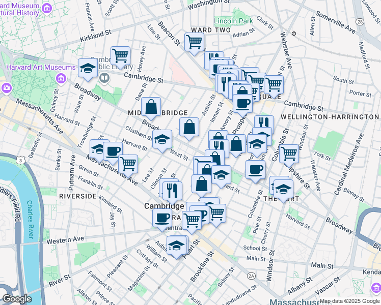 map of restaurants, bars, coffee shops, grocery stores, and more near 344 Broadway in Cambridge