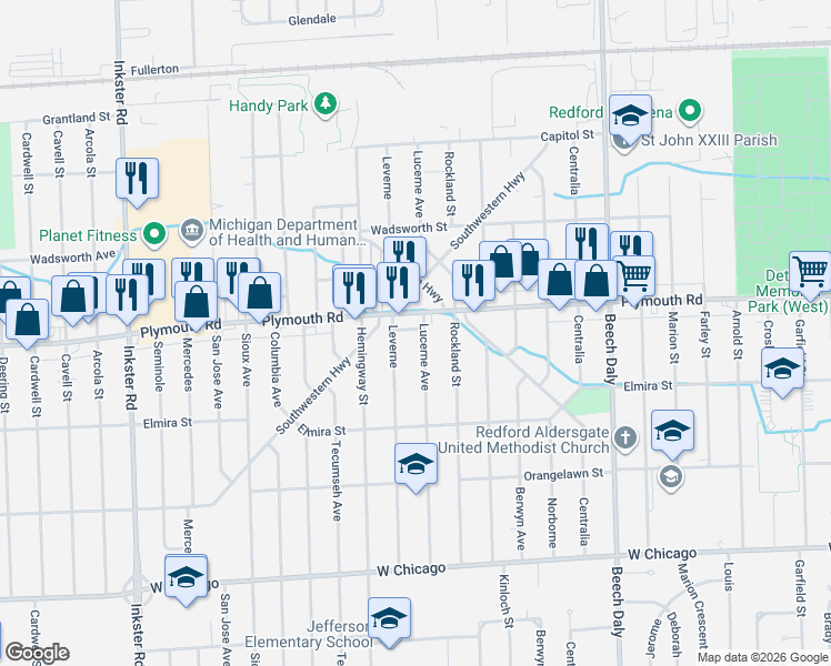 map of restaurants, bars, coffee shops, grocery stores, and more near 26413 Plymouth Road in Redford Charter Township