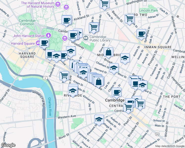 map of restaurants, bars, coffee shops, grocery stores, and more near 338 Harvard Street in Cambridge