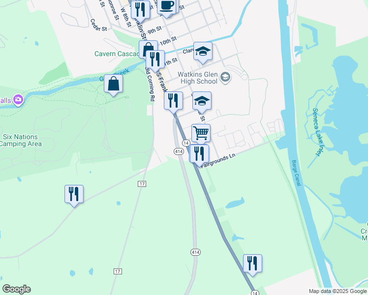 map of restaurants, bars, coffee shops, grocery stores, and more near 407 South Franklin Street in Watkins Glen