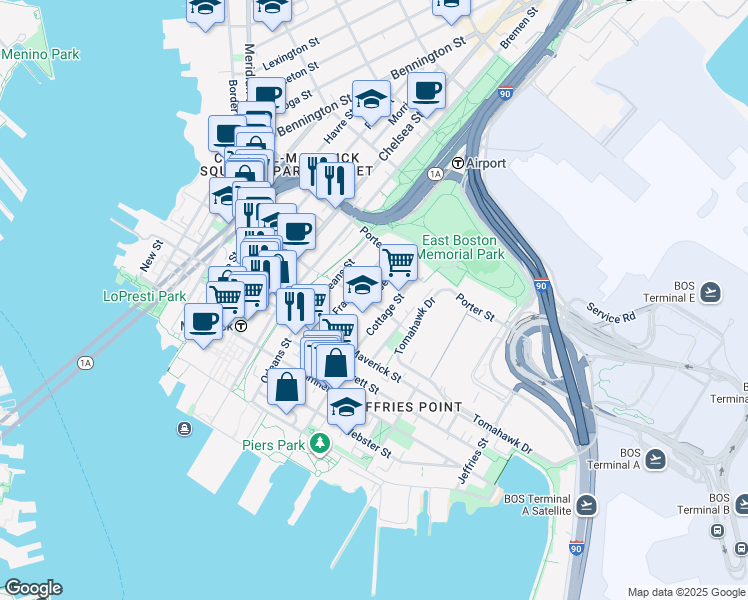 map of restaurants, bars, coffee shops, grocery stores, and more near 142 Gove Street in Boston