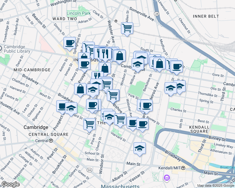 map of restaurants, bars, coffee shops, grocery stores, and more near 386 Windsor Street in Cambridge