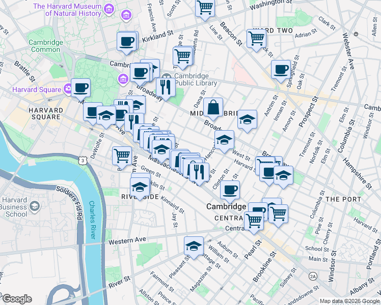 map of restaurants, bars, coffee shops, grocery stores, and more near 338 Harvard Street in Cambridge