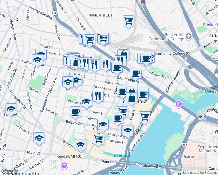 map of restaurants, bars, coffee shops, grocery stores, and more near 75 Thorndike Street in Cambridge