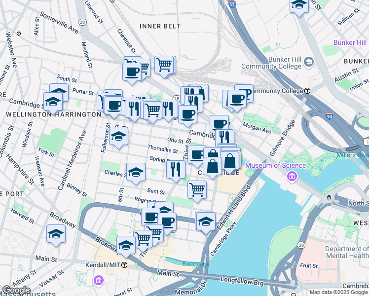 map of restaurants, bars, coffee shops, grocery stores, and more near 93 Third Street in Cambridge