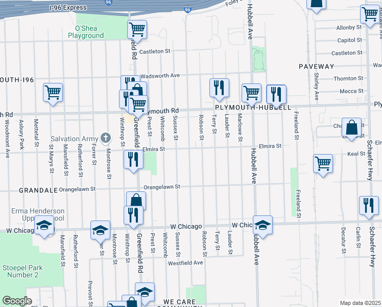 map of restaurants, bars, coffee shops, grocery stores, and more near 10036 Coyle Ave in Detroit