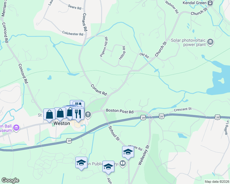 map of restaurants, bars, coffee shops, grocery stores, and more near 39 Church St in Weston