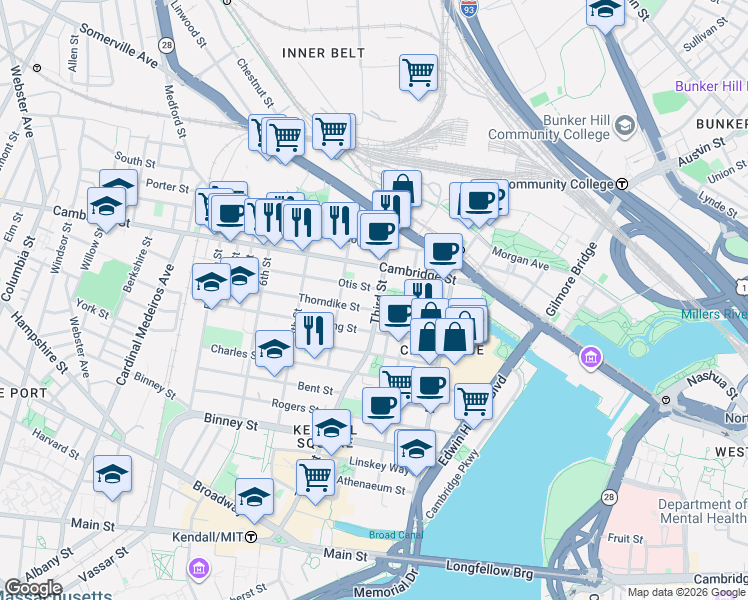 map of restaurants, bars, coffee shops, grocery stores, and more near 63 Otis Street in Cambridge