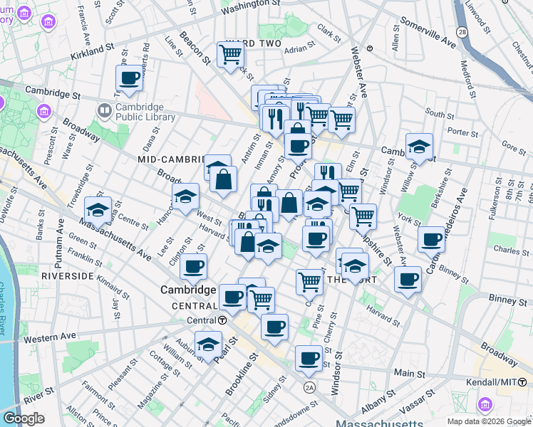map of restaurants, bars, coffee shops, grocery stores, and more near 39 Amory Street in Cambridge