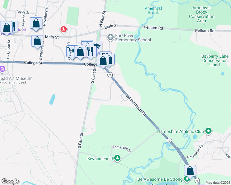 map of restaurants, bars, coffee shops, grocery stores, and more near 81 Belchertown Road in Amherst