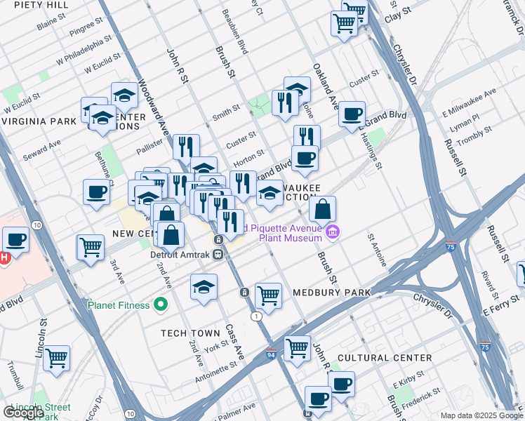 map of restaurants, bars, coffee shops, grocery stores, and more near 117 East Milwaukee Street in Detroit