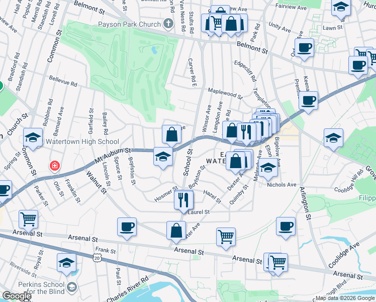 map of restaurants, bars, coffee shops, grocery stores, and more near 434 Mount Auburn Street in Watertown