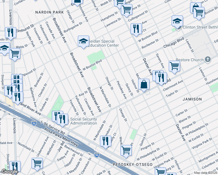 map of restaurants, bars, coffee shops, grocery stores, and more near 9604 North Martindale Street in Detroit