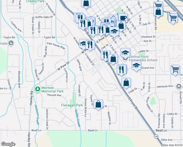 map of restaurants, bars, coffee shops, grocery stores, and more near 171 Casey Way in Central Point
