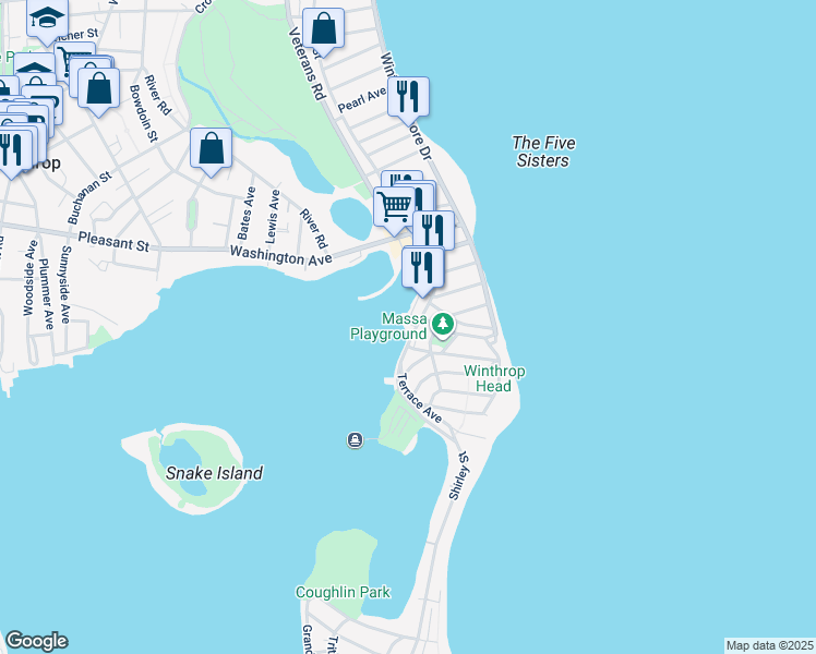 map of restaurants, bars, coffee shops, grocery stores, and more near 571 Shirley Street in Winthrop