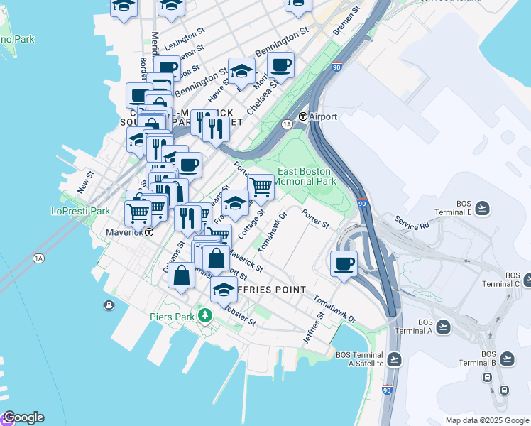map of restaurants, bars, coffee shops, grocery stores, and more near 194 Cottage Street in Boston