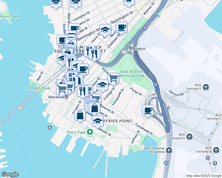 map of restaurants, bars, coffee shops, grocery stores, and more near 194 Cottage Street in Boston