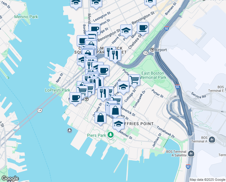 map of restaurants, bars, coffee shops, grocery stores, and more near 150 Orleans Street in Boston