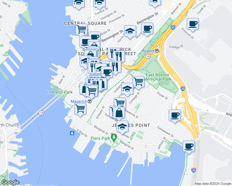 map of restaurants, bars, coffee shops, grocery stores, and more near 150 Orleans Street in Boston