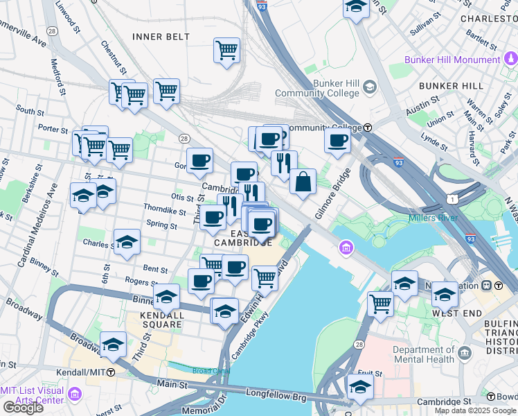 map of restaurants, bars, coffee shops, grocery stores, and more near 22 Cambridge Street in Cambridge