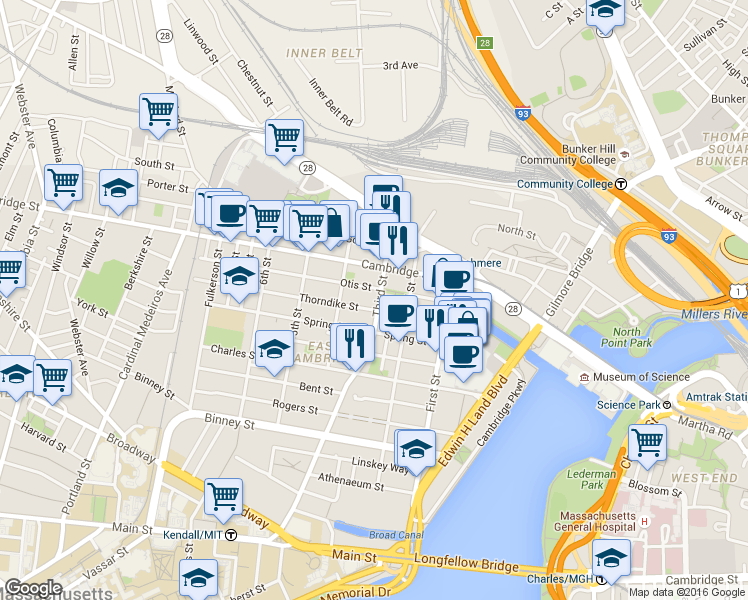 map of restaurants, bars, coffee shops, grocery stores, and more near 63 Otis Street in Cambridge