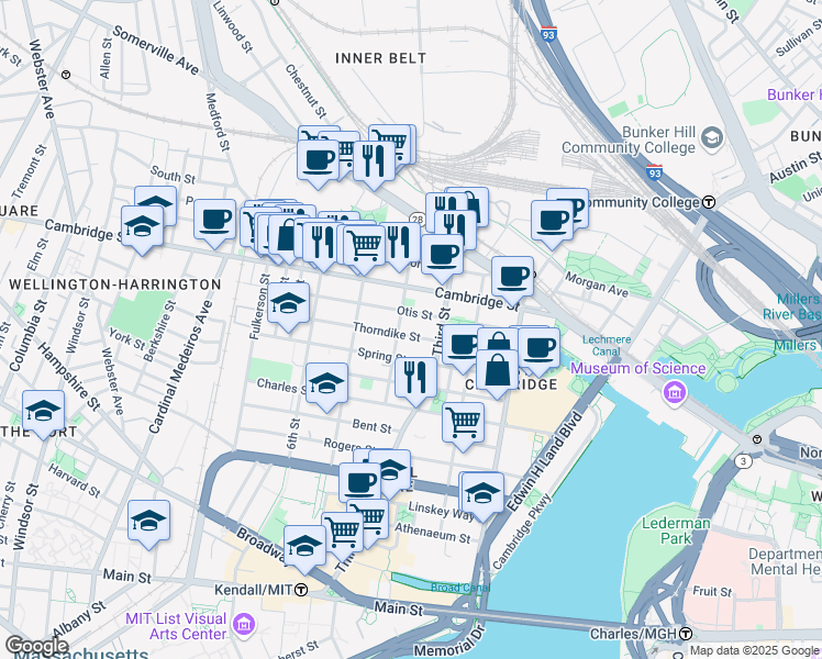 map of restaurants, bars, coffee shops, grocery stores, and more near in Cambridge