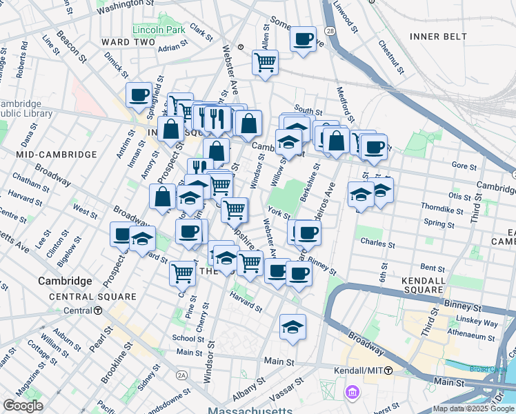 map of restaurants, bars, coffee shops, grocery stores, and more near 386 Windsor Street in Cambridge