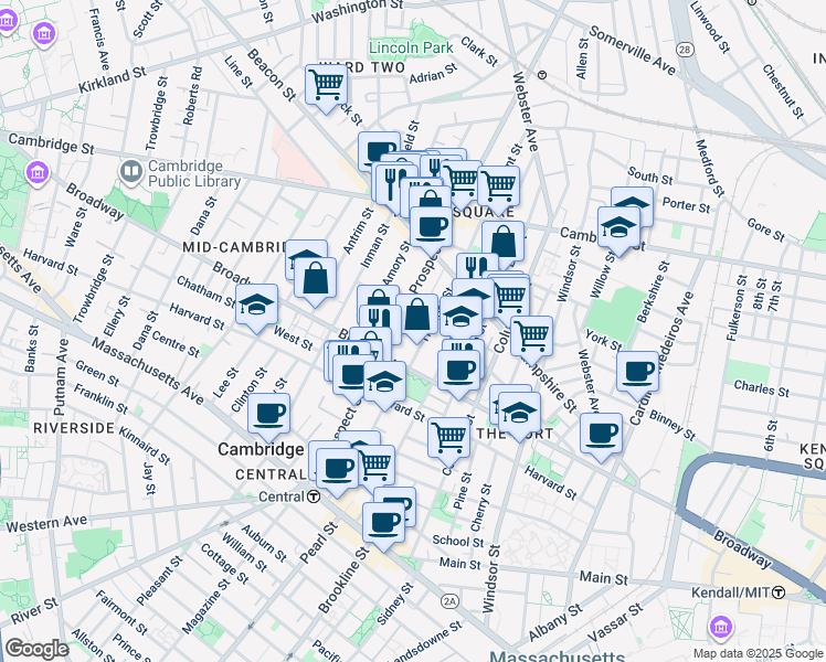 map of restaurants, bars, coffee shops, grocery stores, and more near 210 Prospect Street in Cambridge