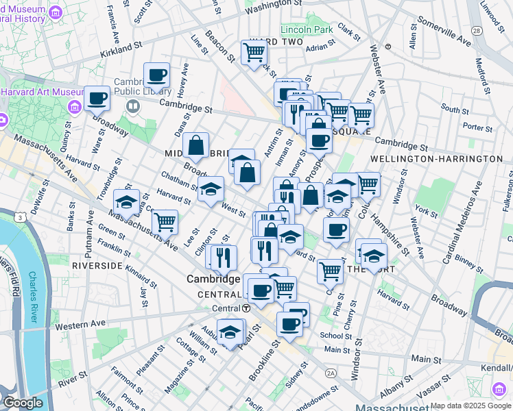 map of restaurants, bars, coffee shops, grocery stores, and more near 345 Broadway in Cambridge