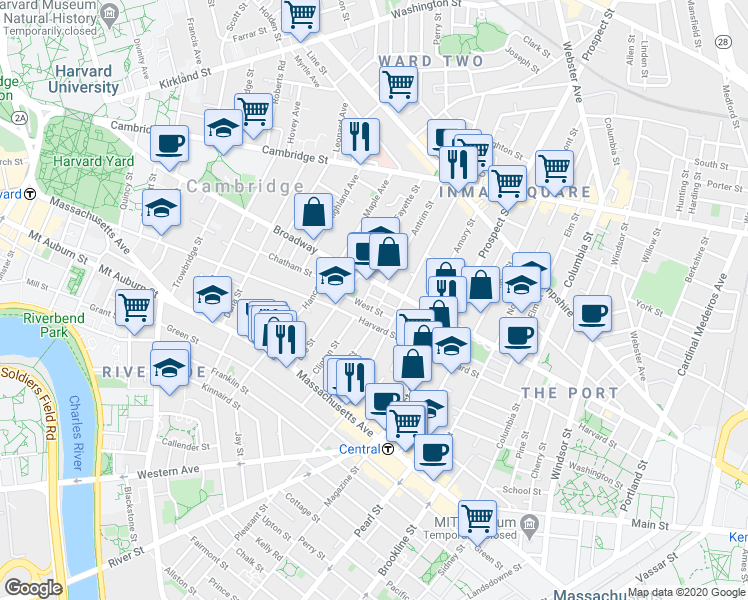 map of restaurants, bars, coffee shops, grocery stores, and more near 364 Broadway in Cambridge