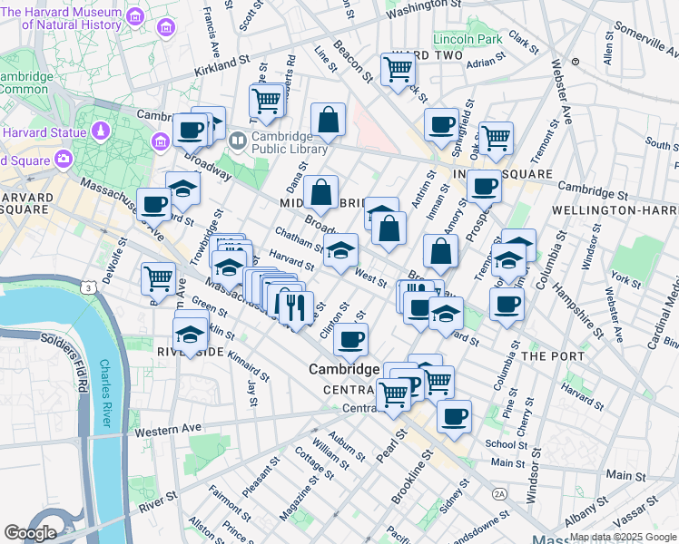 map of restaurants, bars, coffee shops, grocery stores, and more near 3 Hancock Park in Cambridge