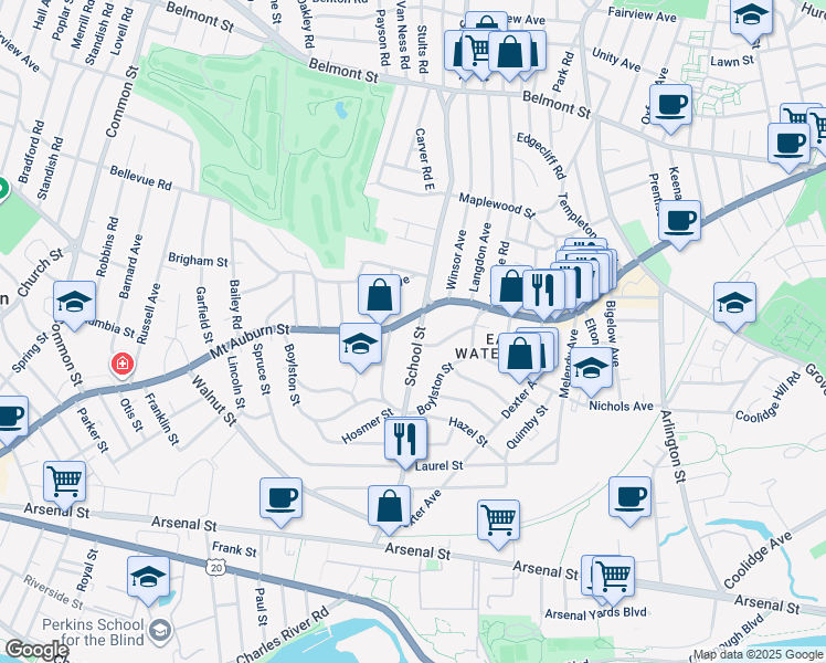 map of restaurants, bars, coffee shops, grocery stores, and more near 434 Mount Auburn Street in Watertown