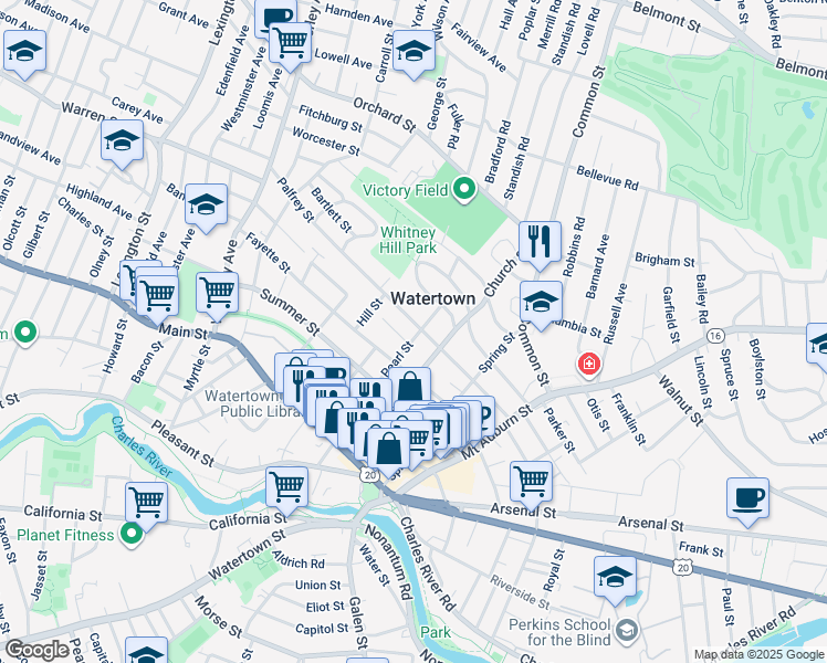 map of restaurants, bars, coffee shops, grocery stores, and more near 142 Palfrey Street in Watertown