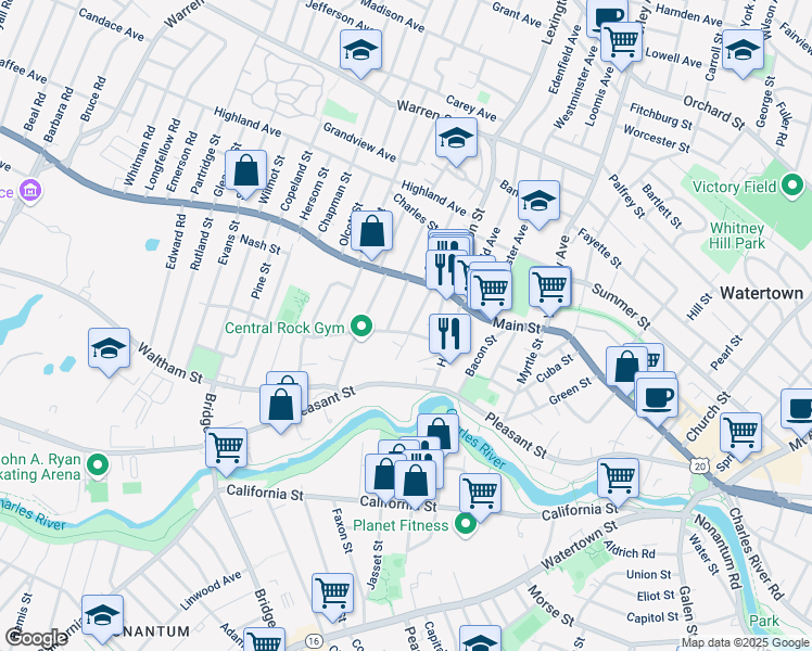 map of restaurants, bars, coffee shops, grocery stores, and more near 27 Morton Street in Watertown