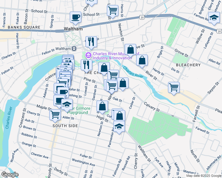map of restaurants, bars, coffee shops, grocery stores, and more near 132 Pine Street in Waltham