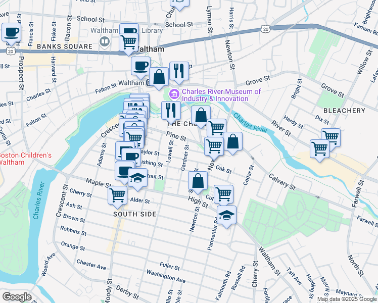 map of restaurants, bars, coffee shops, grocery stores, and more near 103 Pine Street in Waltham