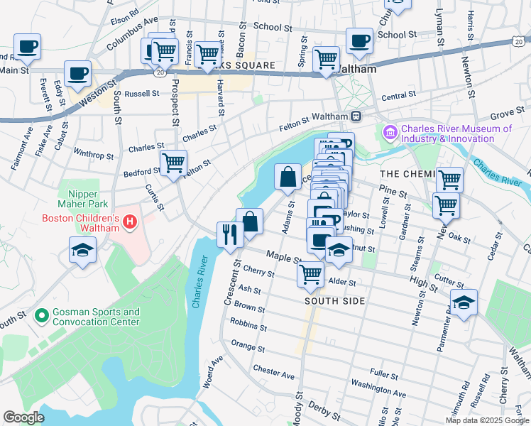 map of restaurants, bars, coffee shops, grocery stores, and more near 99 Crescent Street in Waltham