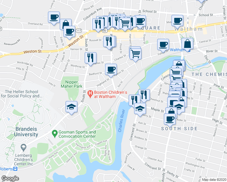 map of restaurants, bars, coffee shops, grocery stores, and more near 54 Sun Street in Waltham