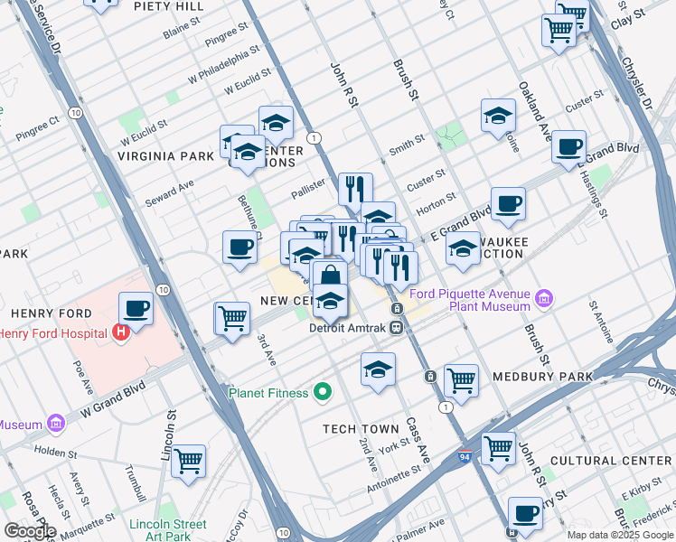 map of restaurants, bars, coffee shops, grocery stores, and more near 3071 East Grand Boulevard in Detroit