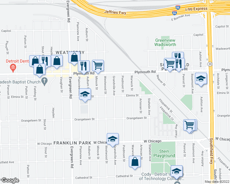 map of restaurants, bars, coffee shops, grocery stores, and more near 11363 Grandville Avenue in Detroit