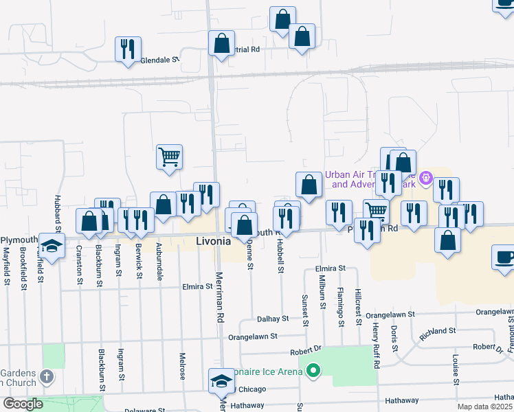 map of restaurants, bars, coffee shops, grocery stores, and more near in Livonia