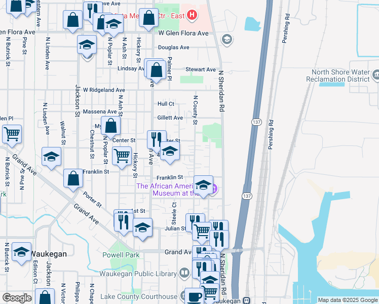 map of restaurants, bars, coffee shops, grocery stores, and more near 718 North County Street in Waukegan