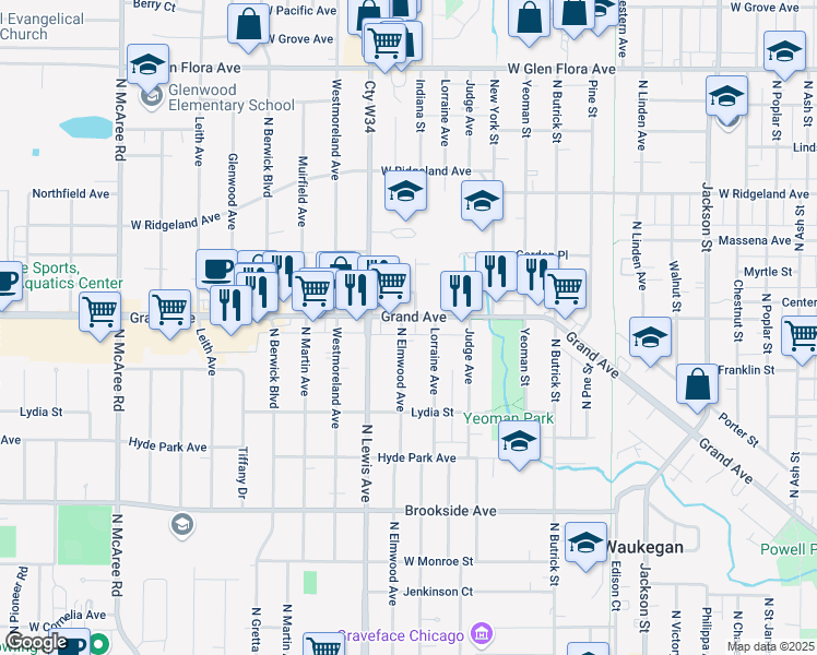 map of restaurants, bars, coffee shops, grocery stores, and more near 1720 Grand Avenue in Waukegan
