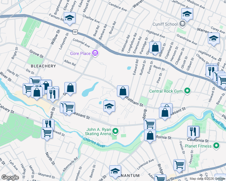 map of restaurants, bars, coffee shops, grocery stores, and more near 70 Woodview Way in Watertown
